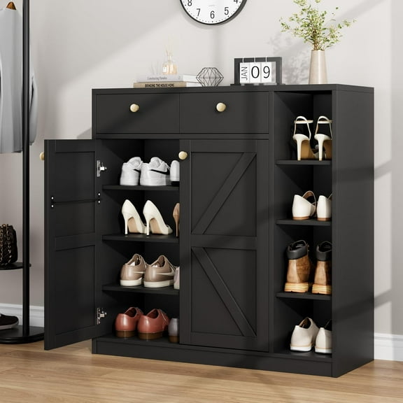 42" Shoe Storage Cabinet with Doors & Drawers - White Modern Entryway Organizer with 4 Tiers & 3 Adjustable Shelves, Stable Shoe Rack for Front Door, Hallway (Fits 12-16 Pairs)