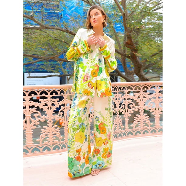 Conjunto de camisa y pantalones con estampado callejero para mujer, camisa holgada con cuello vuelto, cintura elástica, a la moda, verano, 2024