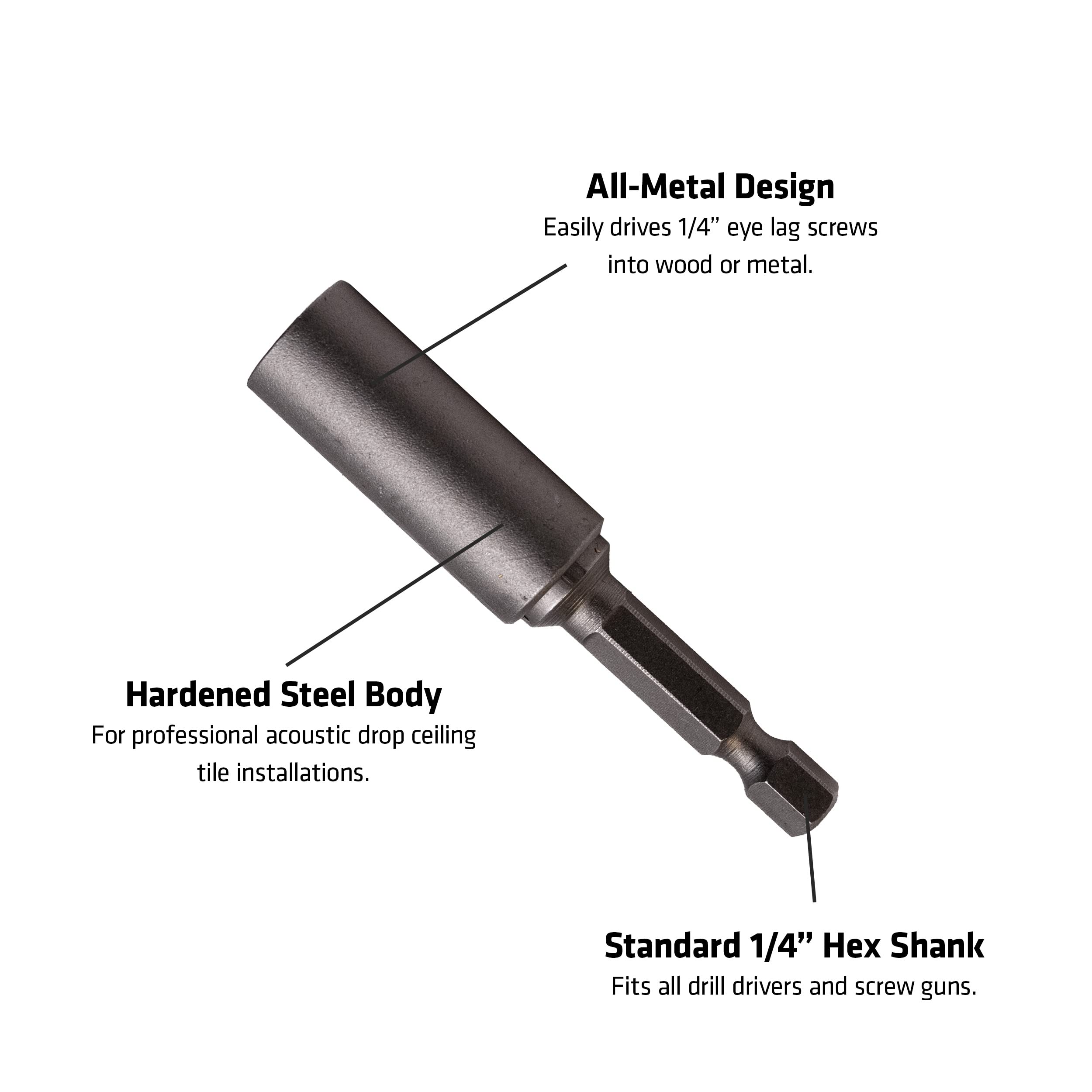 Century Drill & Tool 68702 5-Pack of ¼” Eye Lag Drivers, Bulk Bagged, Drives ¼” Eye Lag Screws in Wood or Metal with Screw Gun, All Metal Design, ¼” Hex Shank x 2-3/4” Length…