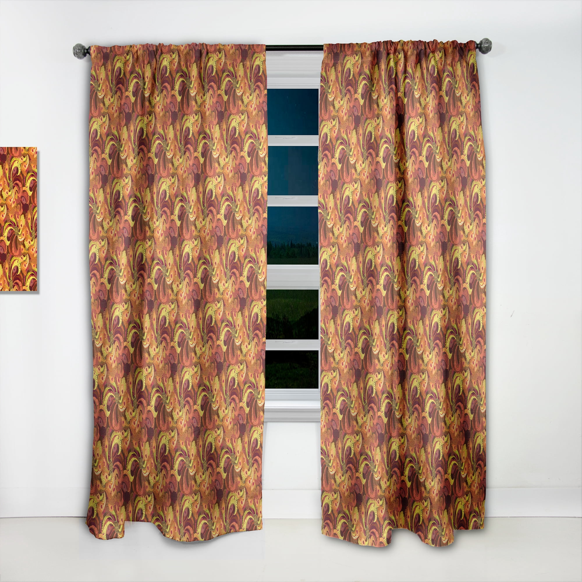 Designart 'Beautiful Golden Red and Orange Peacock Feathers' Bohemian & Eclectic Curtain Panel