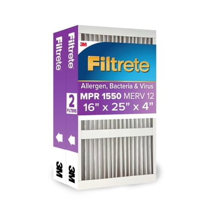 Filtrete 16x25x4 HVAC Furnace Air Filter, MPR 1550 MERV 12, Allergens, Bacteria & Viruses, 1 Filter