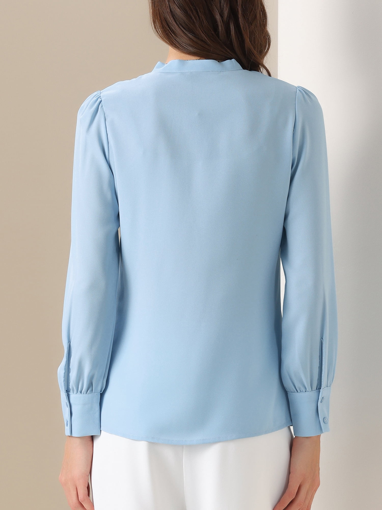 DARING DIVA Women's Bow Tie Neck Tops Long Sleeve Business Work Blouse XL Sky Blue