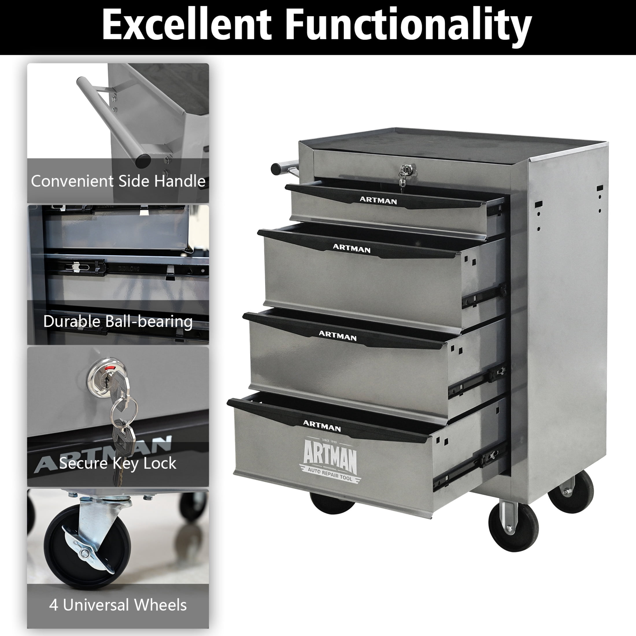 Noble House 4-Drawer Mobile Steel Tool Organizer with Key Lock, Ball Bearing Slide Storage Cabinet Box, Silver