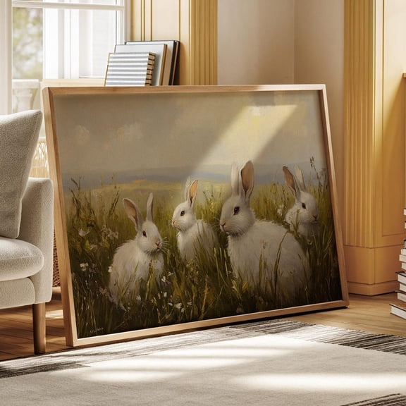 White Rabbits In Meadow Painting - Serene Cottagecore Bunny Wall Art Print For Farmhouse And Nature-Inspired Decor Wall Art, Modern Wall Decor, 8x12 UNFRAMED