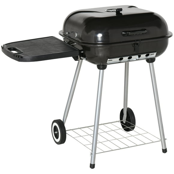 Outsunny Charcoal BBQ Grill with Warming Rack & Storage Side Table, Portable Barbecue Smoker with Lid, Heat Control, Wheels for Outdoor Cooking Camping Picnic, Black