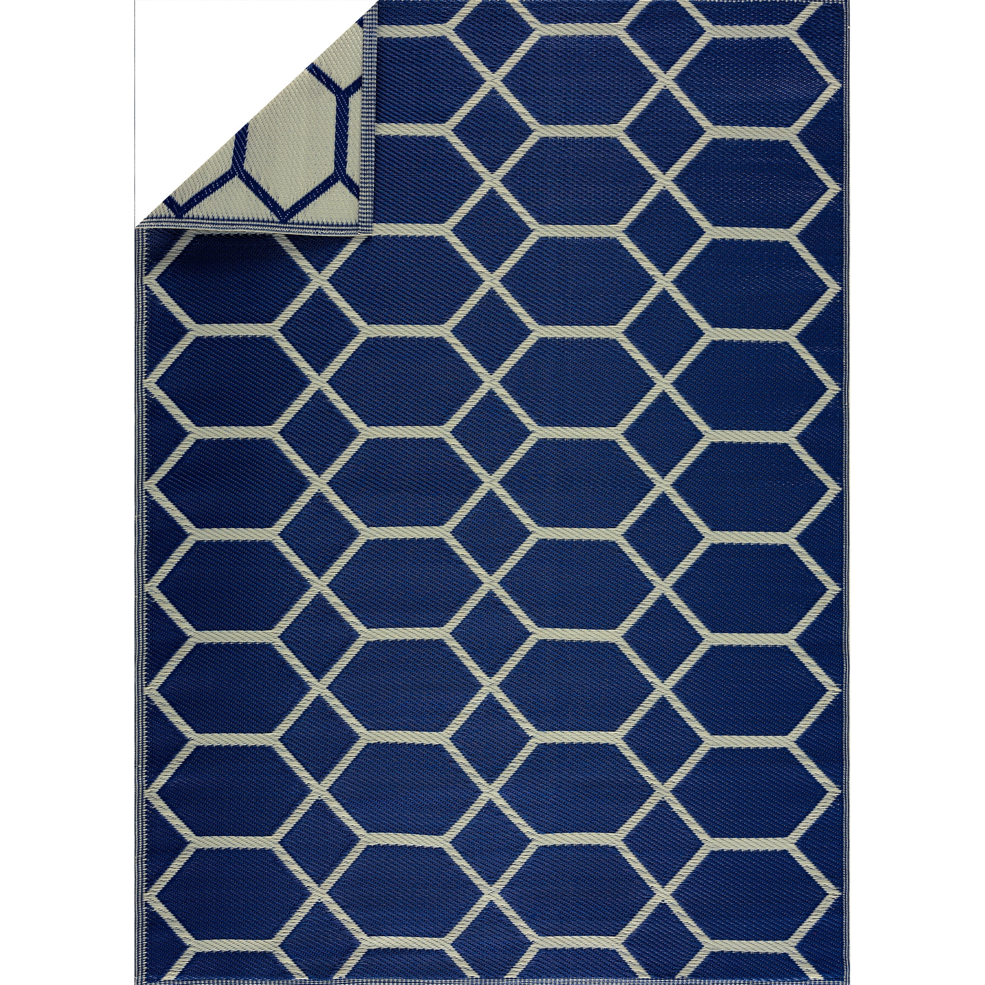 Playa Rug Reversible Indoor/Outdoor 100% Recycled Plastic Floor Mat/Rug - Weather, Water, Stain, Fade and UV Resistant - Miami- Navy & Creme (4'x6')
