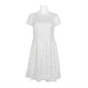Adrianna Papell Boat Neck Short Sleeve A-Line Box Pleat Zipper Back Embroidered Dress-IVORY / 2