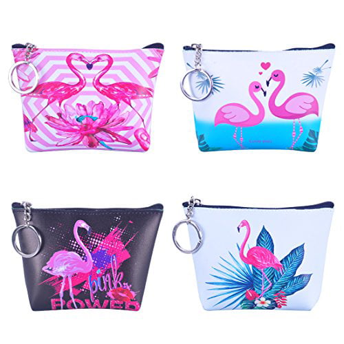 Flamingo Oyachic 4 pcs Canvas Coin Purse Zipper Change Pouch Mini Wallet Gift for Women and Girls