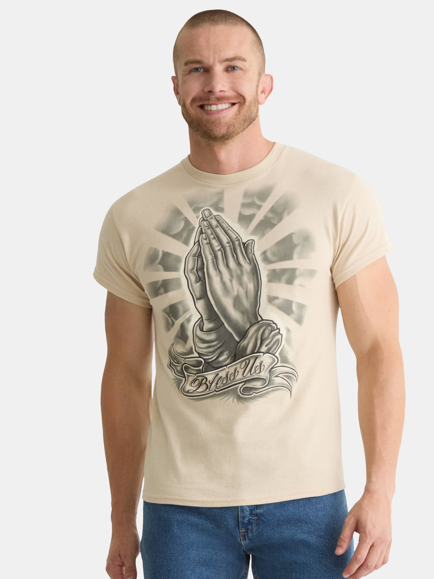 Humor Men's and Big Men's Bless Us Praying Hands Cotton Graphic Tee, Size S-3XL