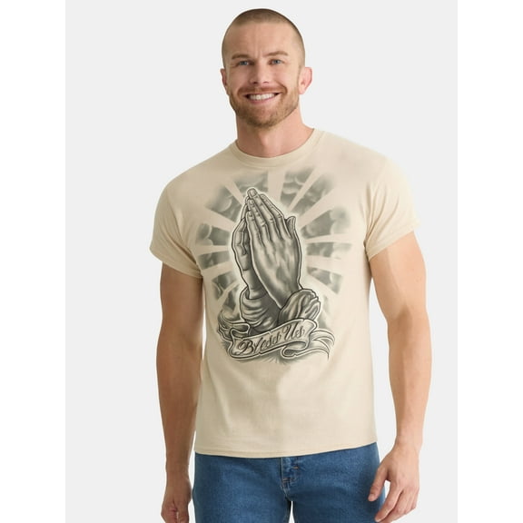 Humor Men's and Big Men's Bless Us Praying Hands Cotton Graphic Tee, Size S-3XL