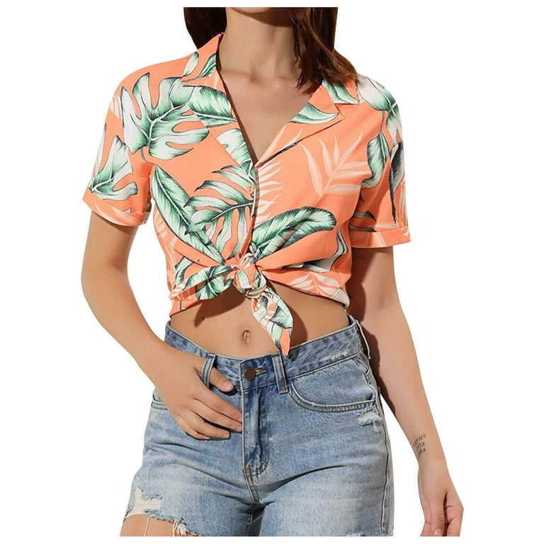 Women's Hawaiian Shirts Crop Top Floral Printed Short Sleeve Tropical  Button Down Shirt Casual V-neck Tees Tops