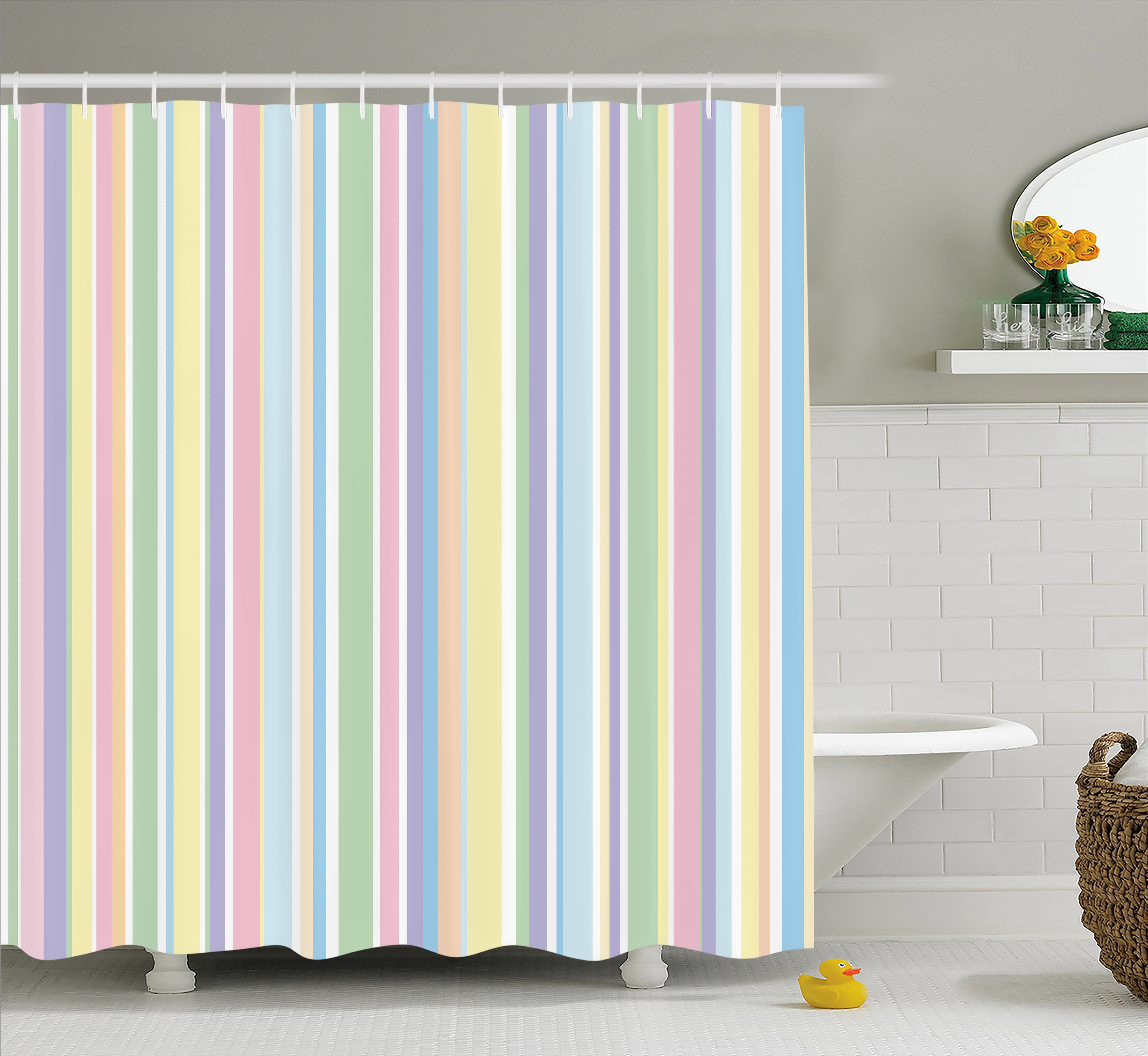 Pastel Shower Curtain, Vertically Striped Pattern Different Colored 