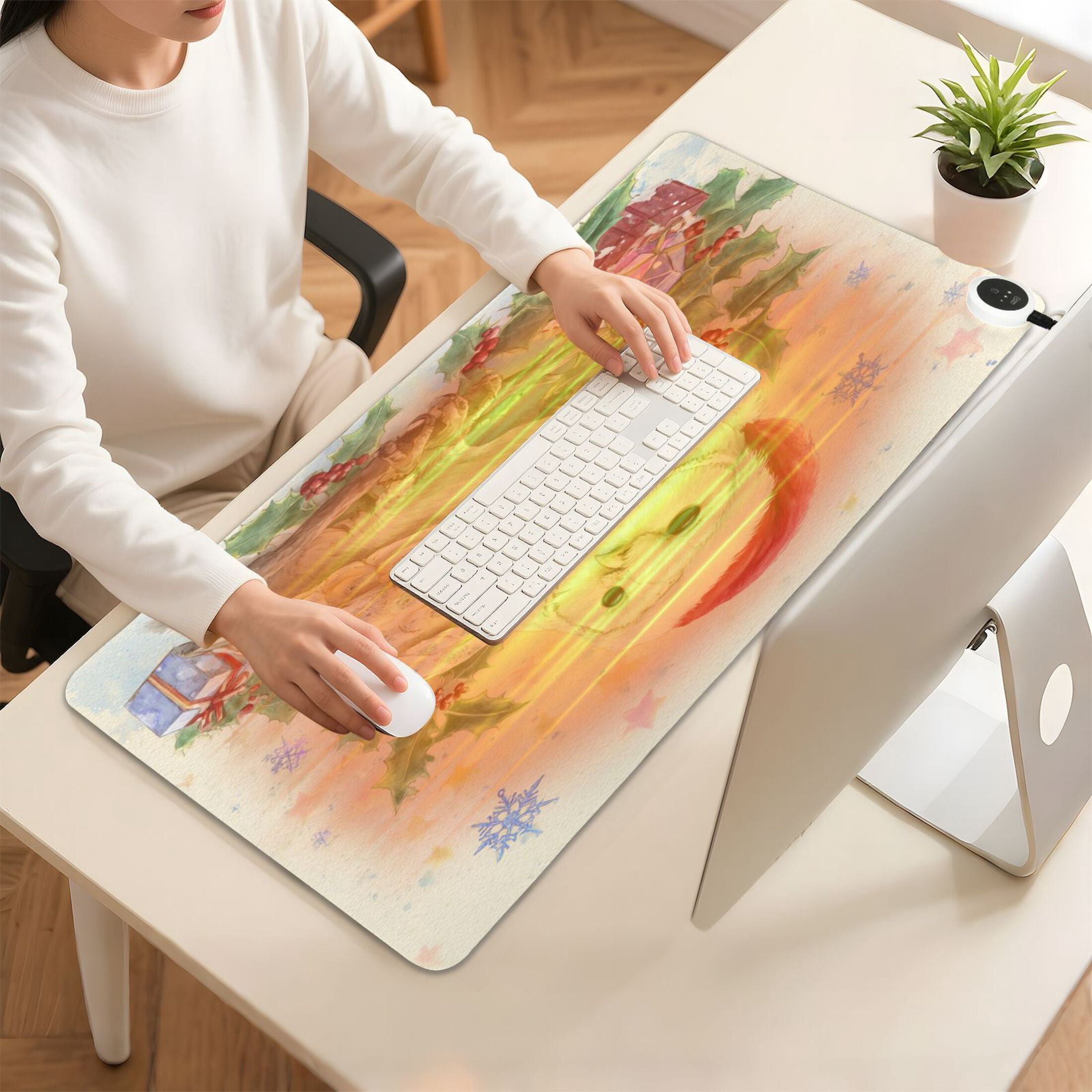 Large Heated Desk Mat Mouse Pad 31.5"x13"PU Leather Graphene Heating Desk Warmer with 3 Temperature Settings 110V US Plug Non-Slip Warm Pad for Home, Office, and Gaming Christmas Cute White Owl