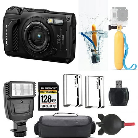 Olympus OM SYSTEM Tough TG-7 Digital Camera (Black)   Floating Hand Grip    Extra Battery   Flash - 128GB Kit (International Version)