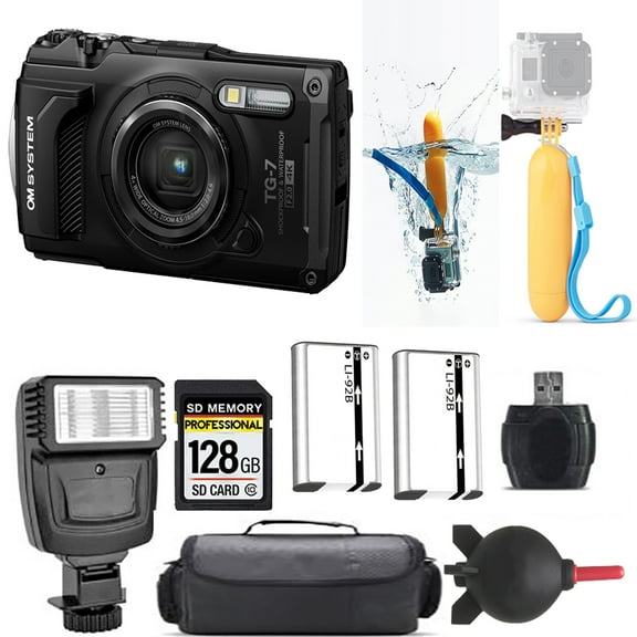 Olympus OM SYSTEM Tough TG-7 Digital Camera (Black)   Floating Hand Grip    Extra Battery   Flash - 128GB Kit (International Version)