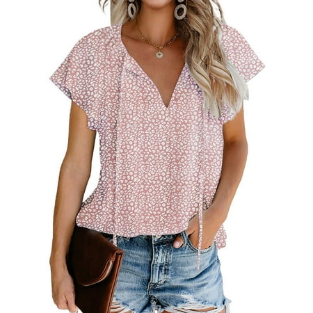 Fantaslook Blouses for Women Floral Print V Neck Ruffle Short Sleeve Shirts Casual Summer Tops