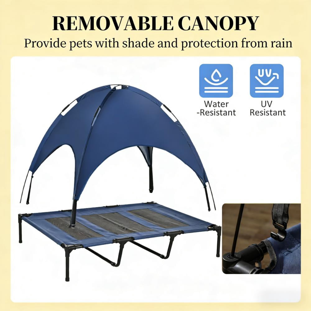 48 Inch Elevated Dog Cot with Removable Canopy, Breathable Mesh Portable Pet Bed, 9.25" Elevated Airflow Supports Up to 110 lbs, Foldable Outdoor Dog Bed with Travel Bag