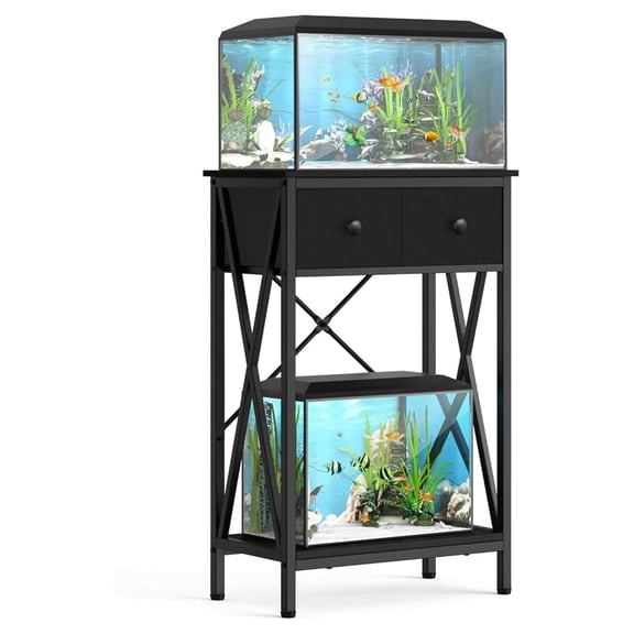 Fish Stand for 5-10 Gallon Fish : Aquarium Stand with Accessories - Metal 10 Gallon Stand with Cabinet Drawer Storage for Turtle , Reptile Terrarium (Black, 220LBS Capacity)
