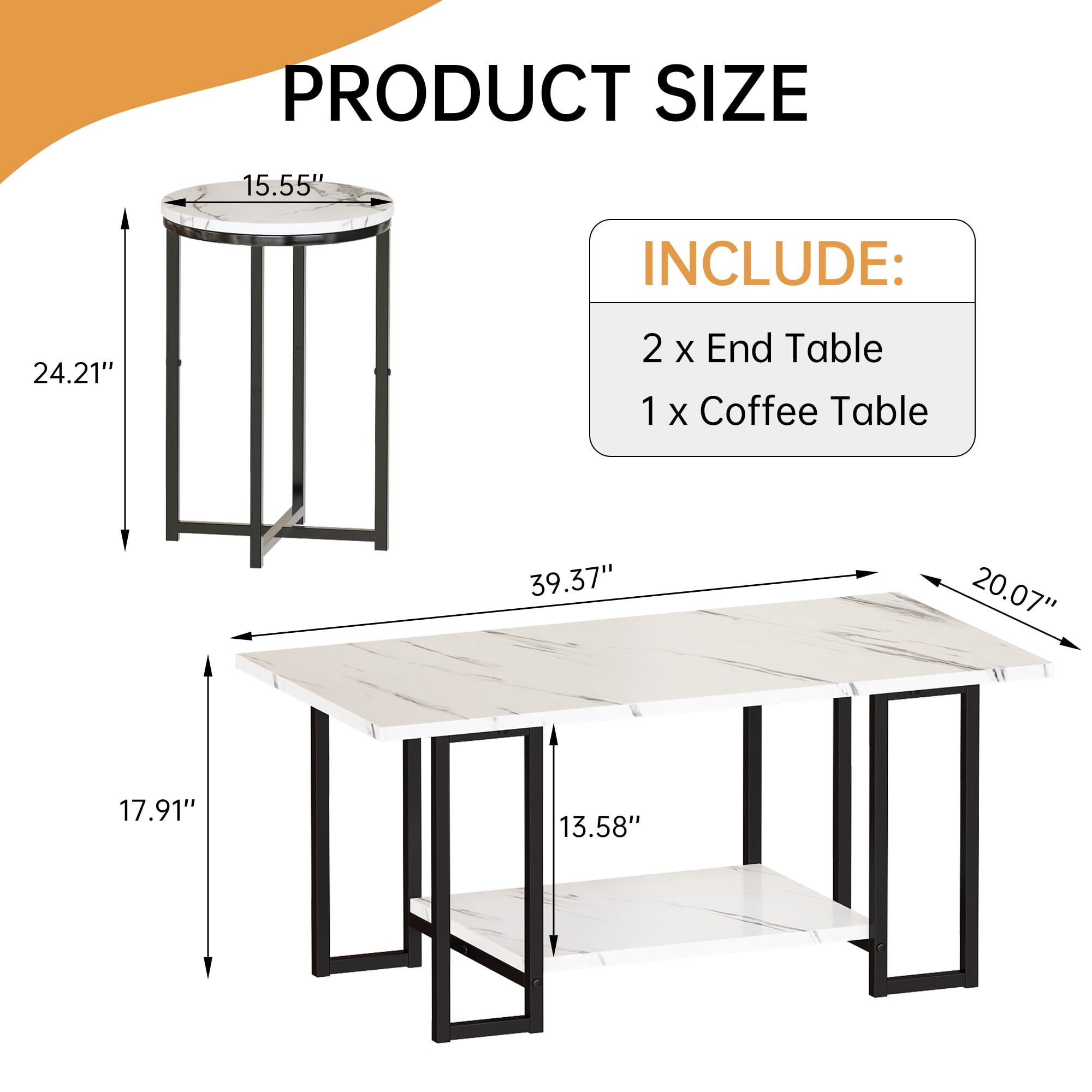 Baxluxe Coffee Table Set of 3, Faux Marble Coffee Table with 2 Round End Side Tables, Modern Living Room Table Set with Metal Frame for Apartment Home Office Small Place, White