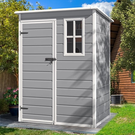 Condition photo showing As Is for dextrus 5x3 ft resin outdoor storage shed with floor with lockable door & window waterproof all-weather ( box 2 of 2 )