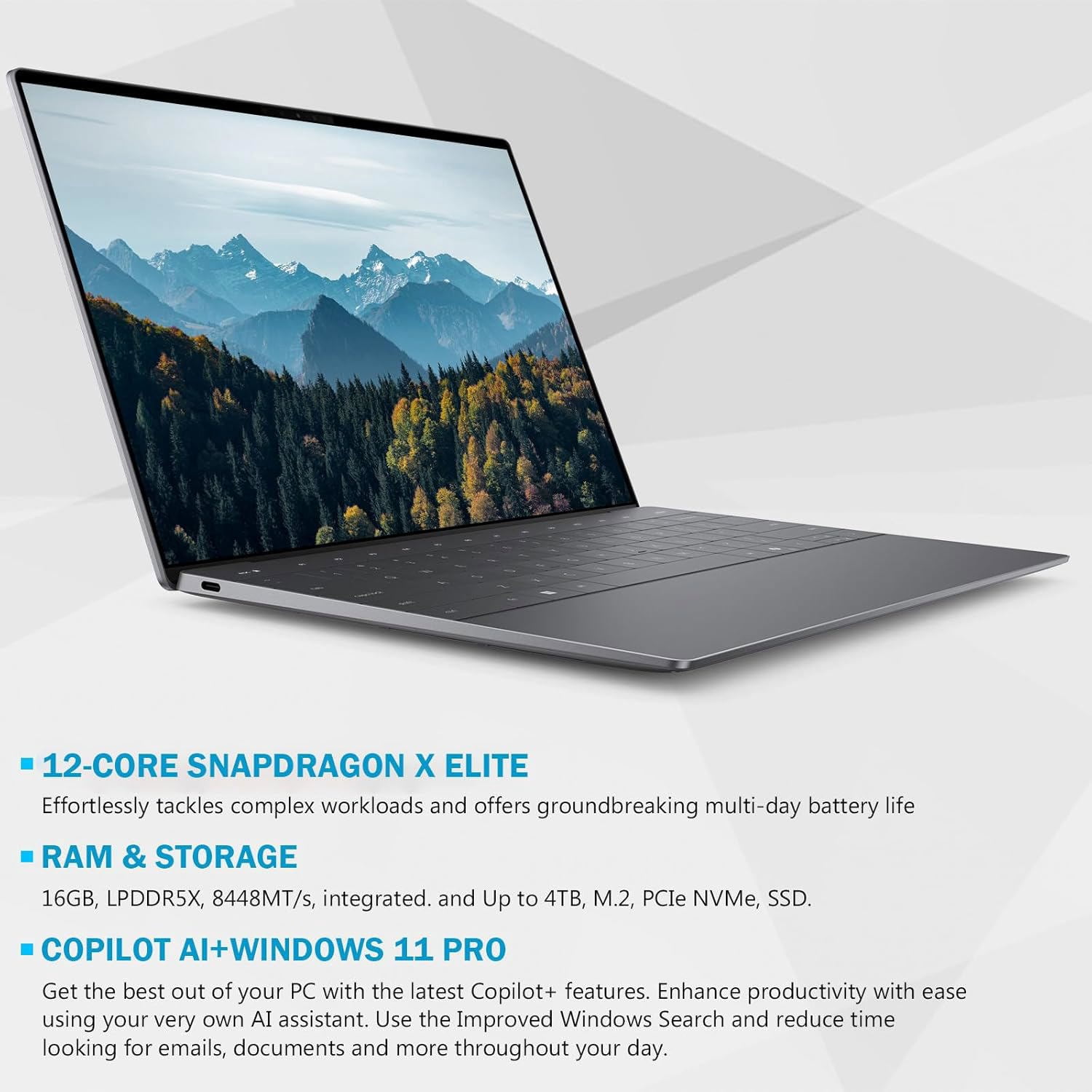 Dell XPS 13 9345 Laptop, 13.4" FHD+ Business Laptops, Snapdragon X Elite, 16GB LPDDR5X RAM, 512GB SSD, Wi-Fi 7, Backlit KB, Fingerprint, Copilot AI Laptops, Windows 11 Pro, Graphite