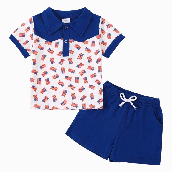 4th of July Toddler Boy Outfit Flag Embroidered Short Sleeve Toddler Baby Boy 4th of July Outfit Crewneck Shirt Matching Shorts Set Summer Blue 18-24 Months