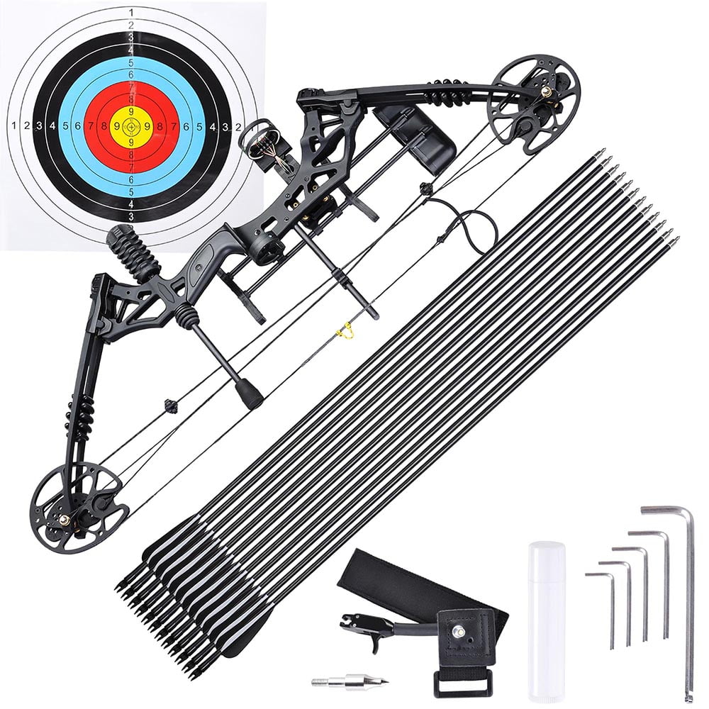 AW Pro Compound Right Hand Bow Kit w 12pcs Carbon Arrow Adjustable 20 70lbs Archery Set by AW