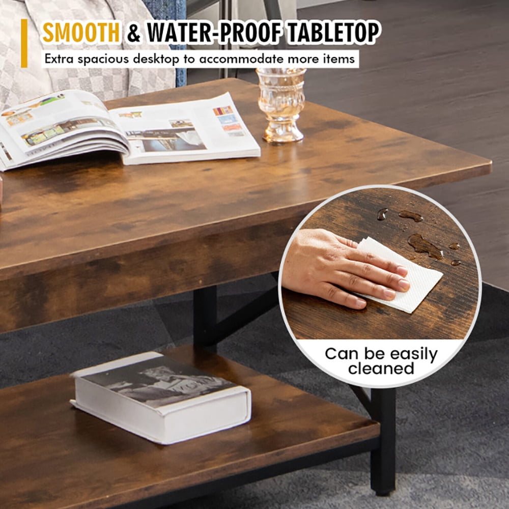 Finihen Rectangular Coffee Table, Industrial Coffee Table, 2-Tier Industrial Rectangular Coffee Table with Storage Shelf, for Living Room, Reception Room, Rustic Brown Finihen Rectangular Coffee Table, Industrial Coffee Table, 2-Tier Industrial Rectangular Coffee Table with Storage Shelf, for Living Room, Reception Room, Rustic Brown