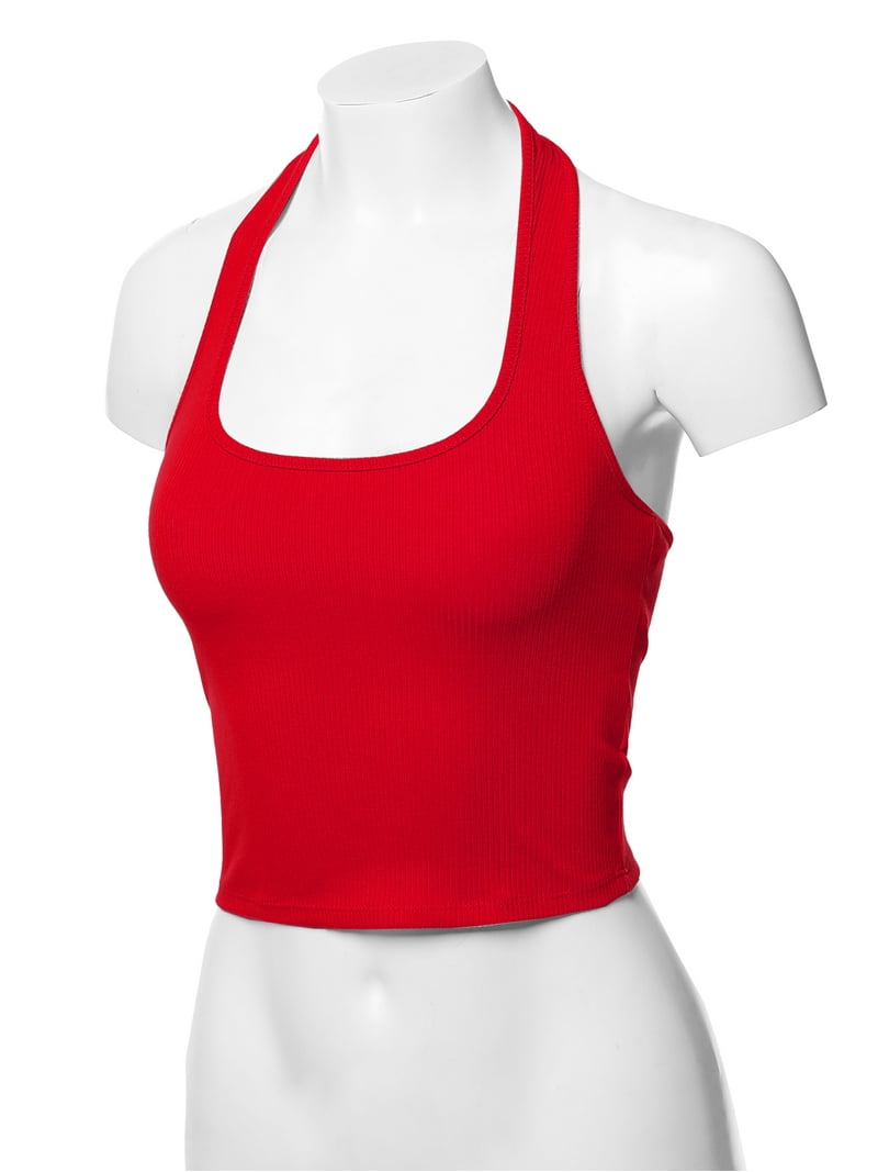 A2Y Women's Halter Neck Heavy Rib Rayon Spandex Crop Top Red