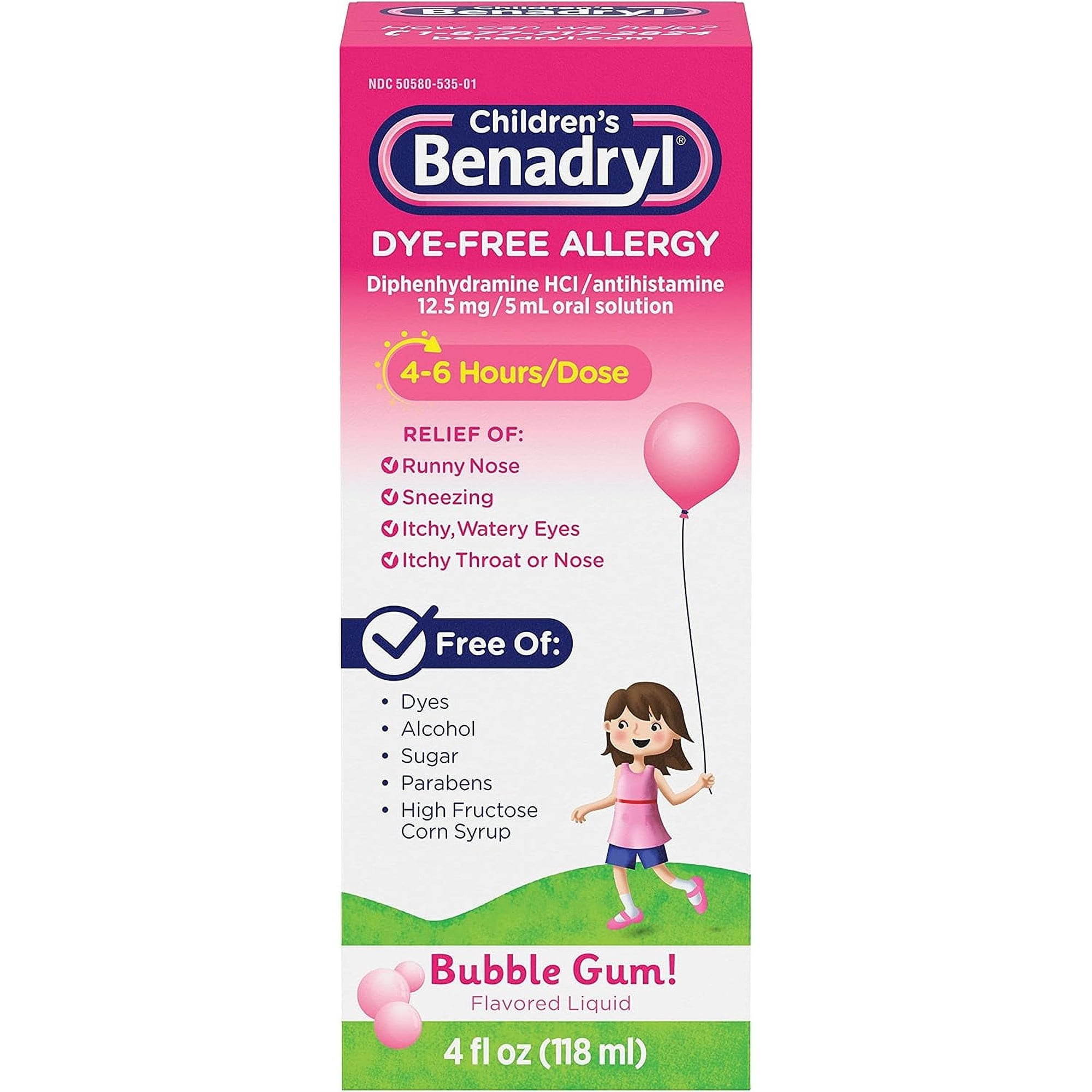 Benadryl Children's Dye-Free Allergy Liquid, Bubble Gum, 4 Oz, 2 Pack