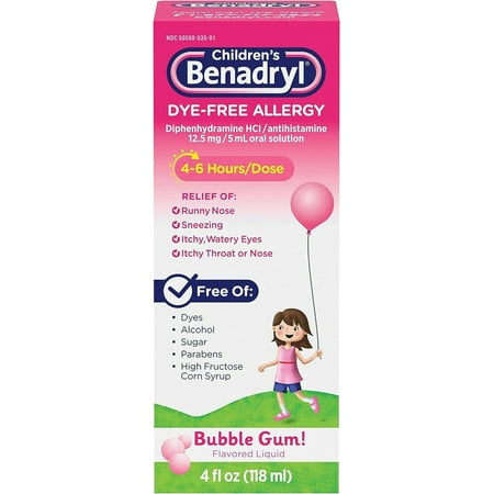Benadryl Children's Dye-Free Allergy Liquid, Bubble Gum, 4 oz, 2 Pack