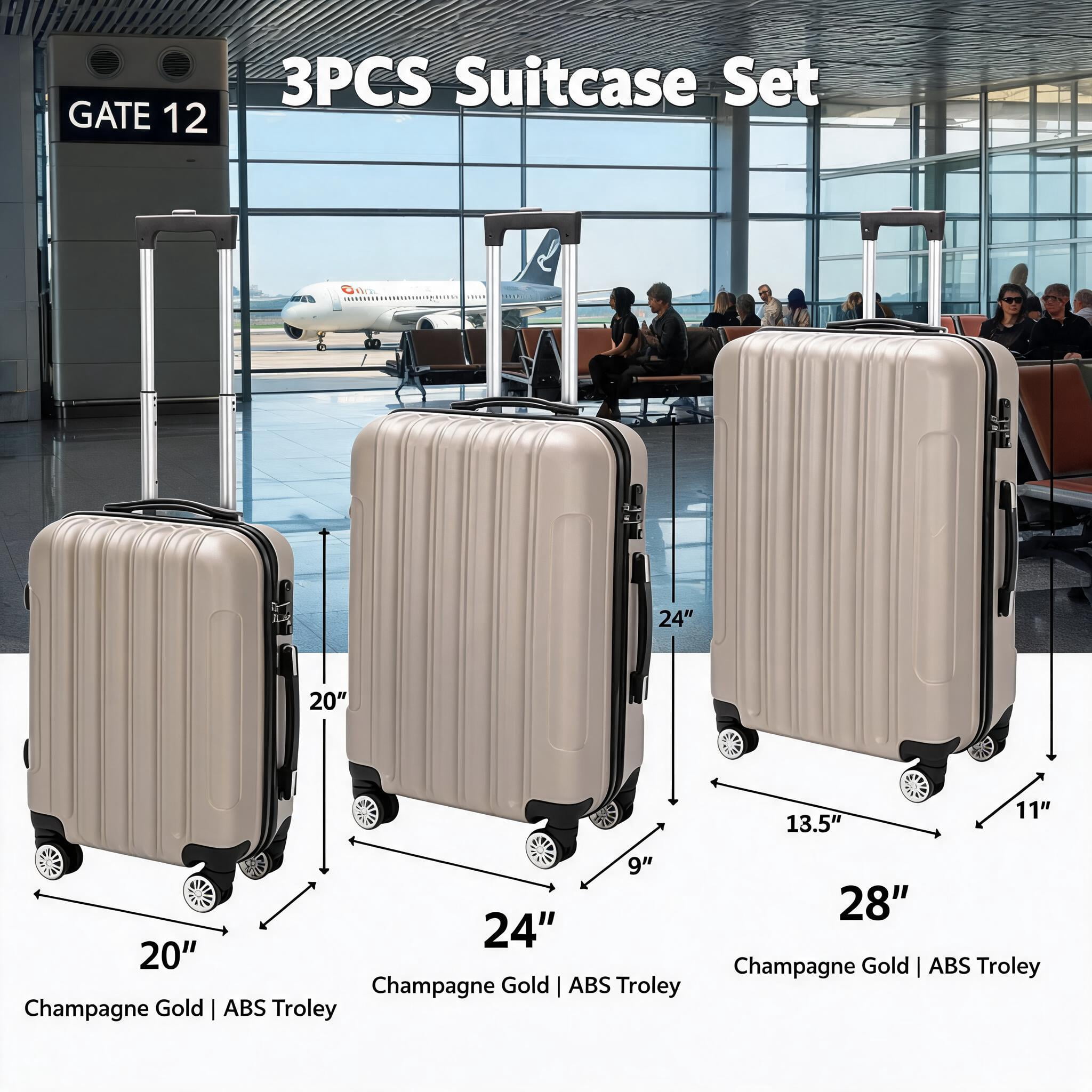 20in 24in 28in 3PCS Suitcase Set Striped Textured Suitcase ABS Trolley Case, Champagne Gold