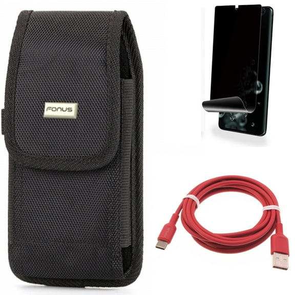 Case Belt Clip w Privacy Screen Protector w 6ft USB-C Cable for Samsung Galaxy S20 Ultra - Swivel Holster Rugged, TPU Film [NOT GLASS] [Fingerprint Works], Red Charger Cord fits Galaxy S20 Ultra