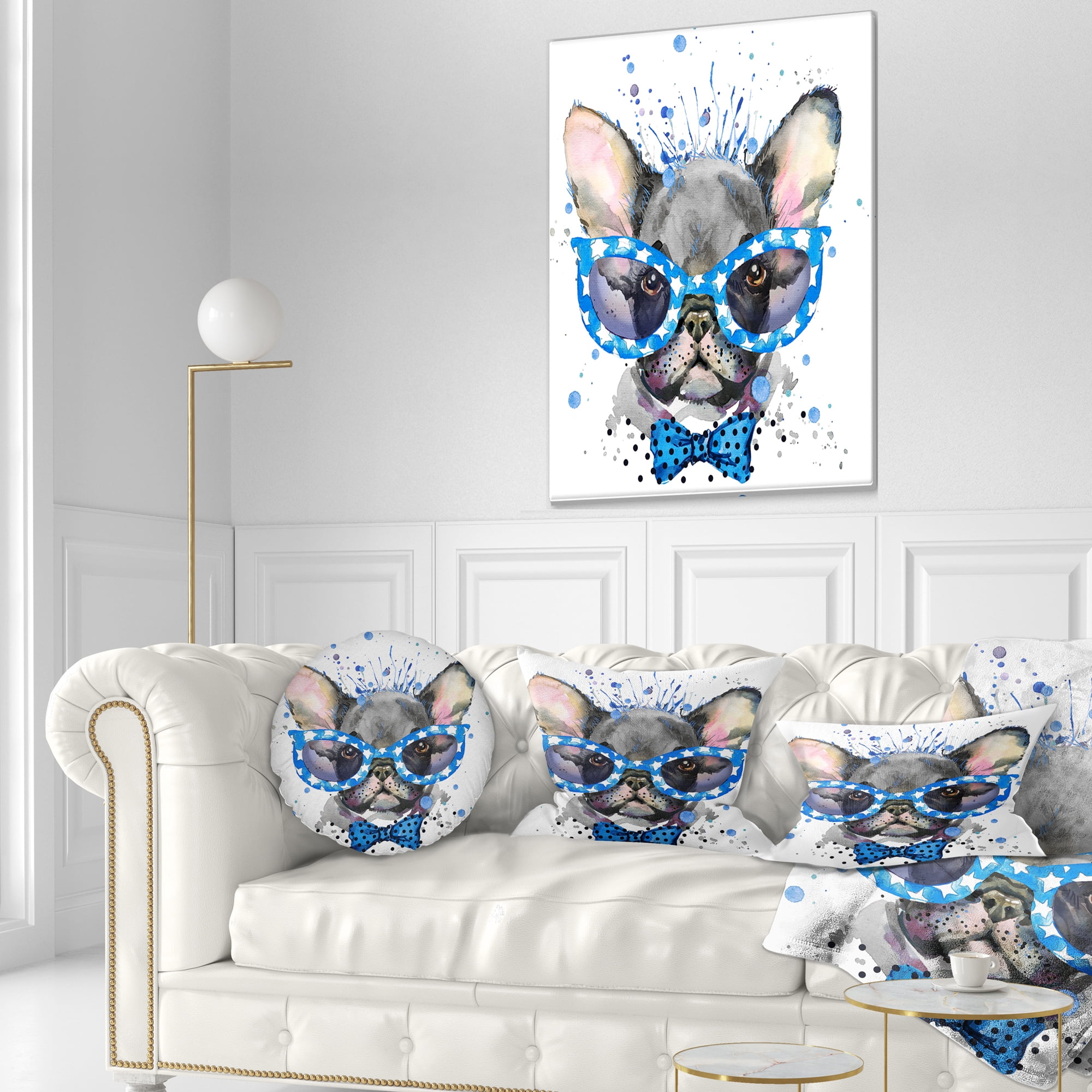Designart Cute French Bulldog with Glasses - Animal Throw Pillow - 12x20