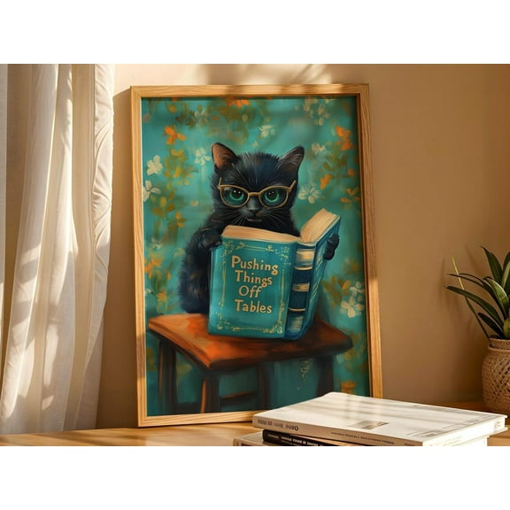 Cat Reading "Pushing Things Off Tables" Book Wall Decor Funny Pet Print Kitten Reading Funny Book Art Humorous Animal Gift Wall Art, Modern Wall Decor, 8x12 UNFRAMED