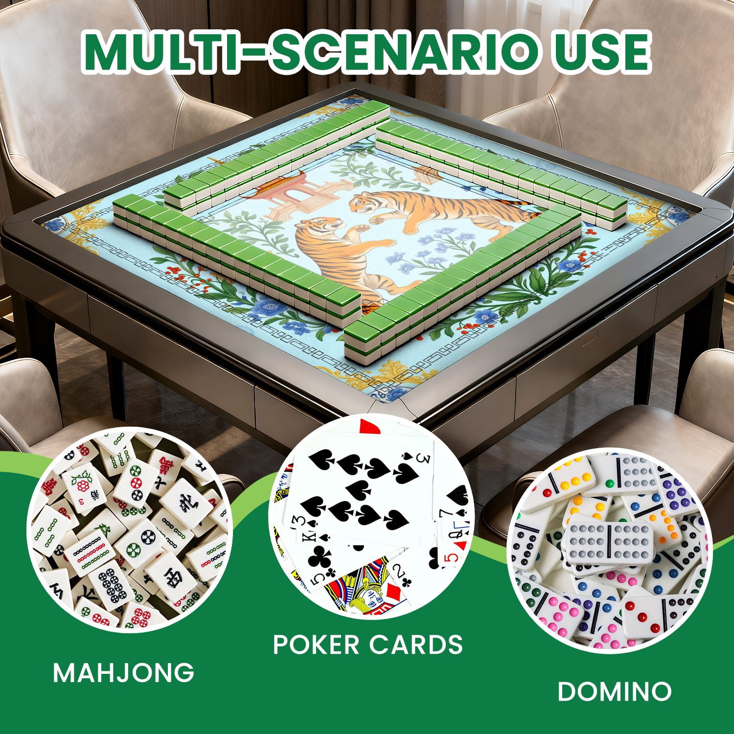 Mahjong Mat 31.5" x 31.5" Pair Tigers Facing Each Other Amid Floral Wreath Pagoda Bridges Non-Slip Noise Reduction American Mahjong Tiles Table Cover for Dominoes Poker Card Board Games Gift