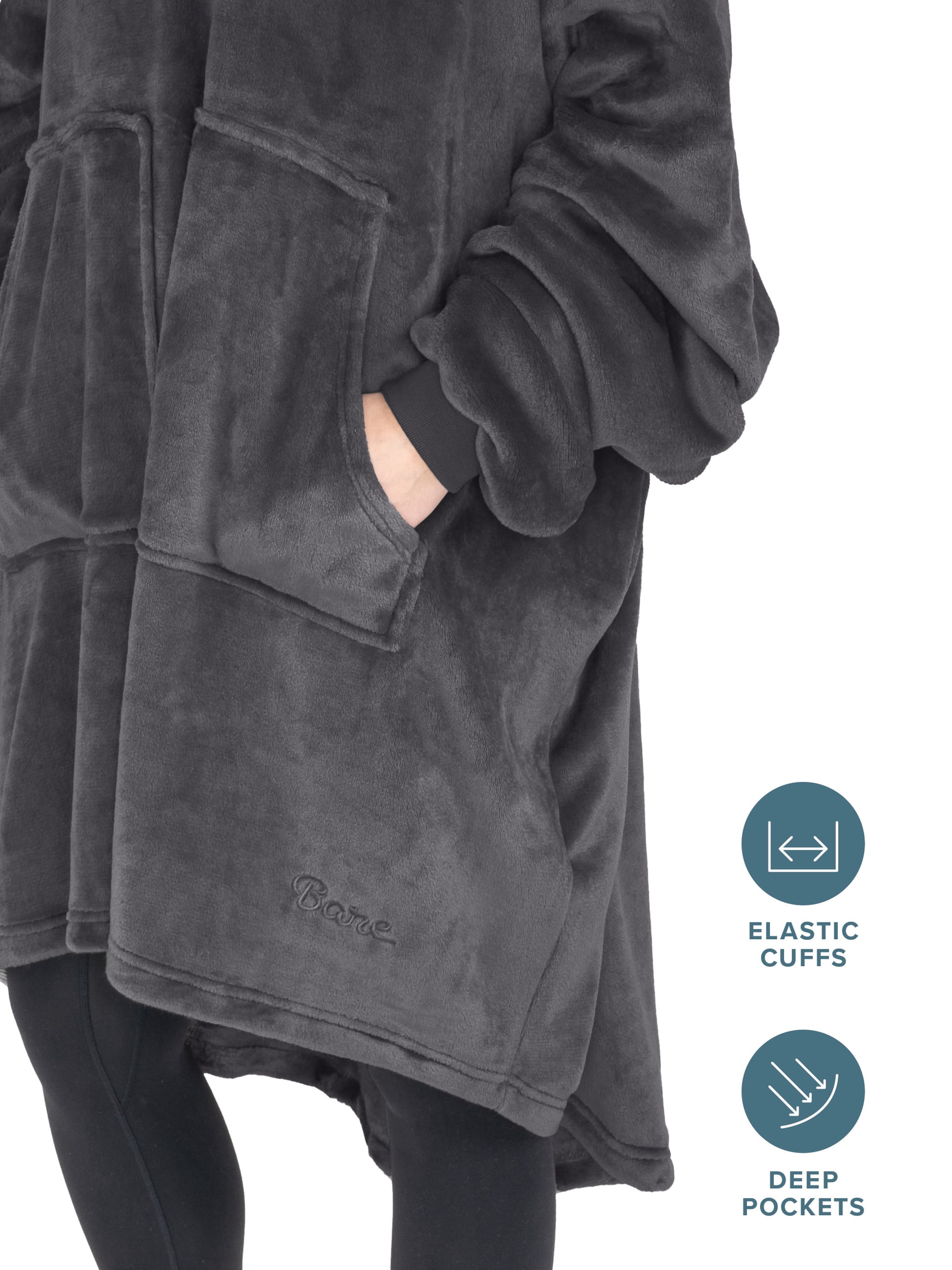 Bare Homey B-Warm Adult Size Microplush Wearable Blanket, Split Front Pocket, Forged Iron Gray