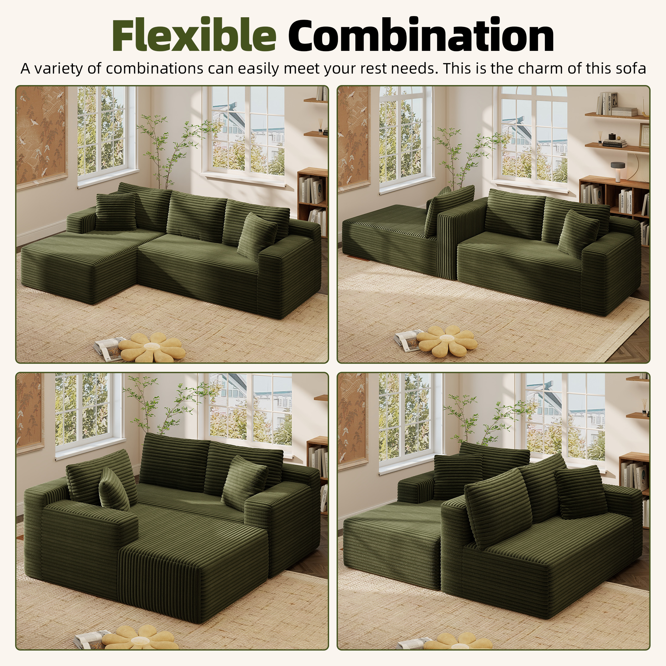 AENKYO 96” Cloud Modular Sectional Sofa with L-Shape Chaise, Deep Seat Corduroy Upholstered Couch, No Assembly Required, Green