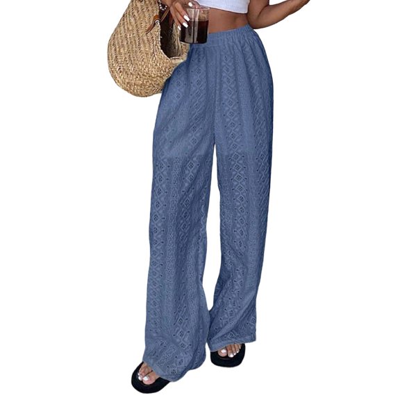 Womens Summer Solid Color Hollow Out Embroidery Casual Elastic Waist Long Pants Versatile Comfort Blue XL