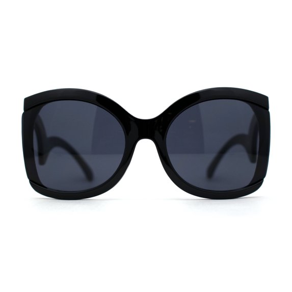 Womens Oversized Thick Plastic Unique Wavy Arm Butterfly Sunglasses All Black