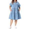 thumbnail image 2 of Agnes Orinda Women's Plus Size Denim Babydoll Dress Short Sleeve Button Down Tiered Hem Casual A-line Jean Dresses with Pockets 1X Light Blue, 2 of 6