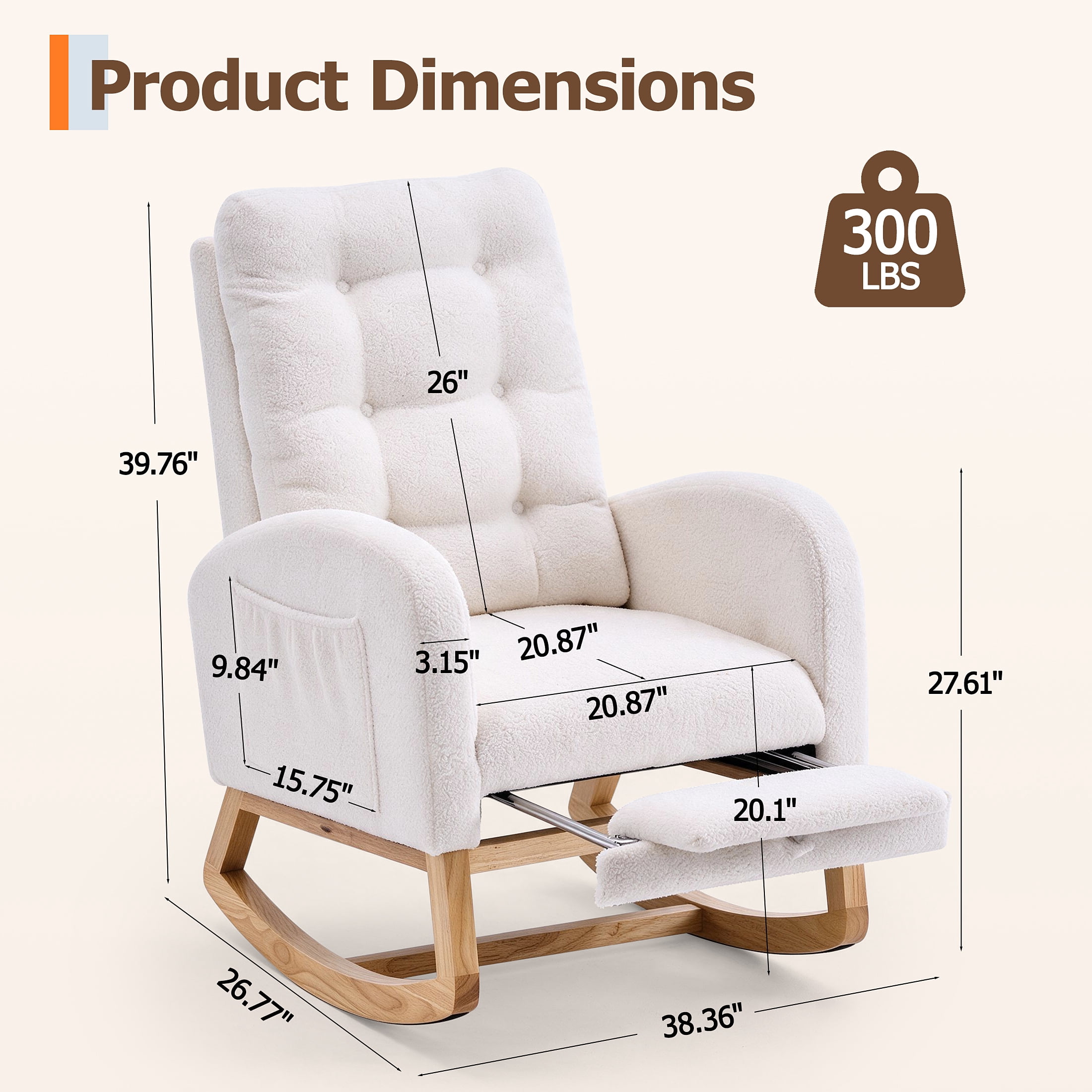 UHOMEPRO Upgraded Rocking Chair for Nursery, Modern Teddy Glider Rocker Chair with Footrest, High Backrest, Solid Wood Frame, Cream