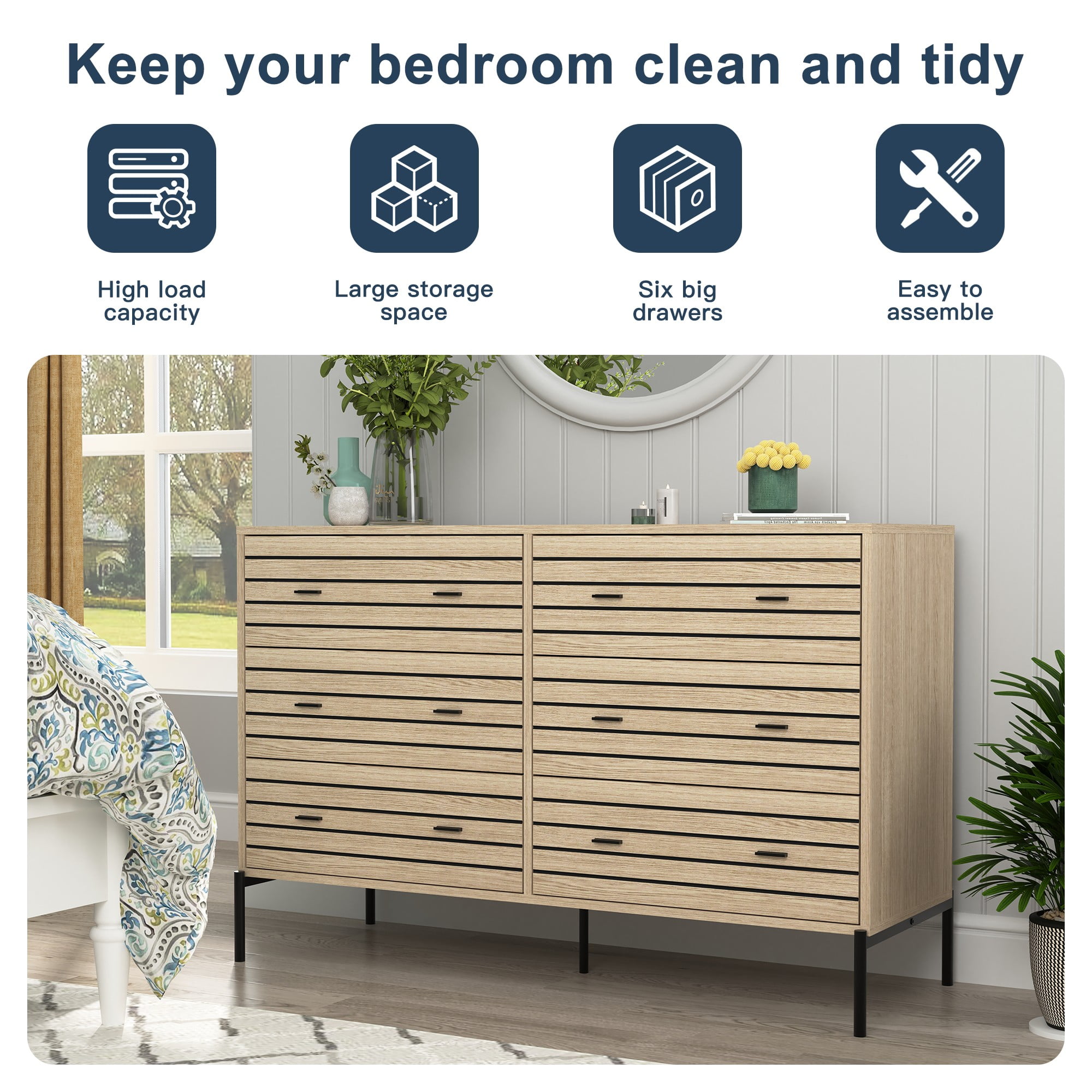 Finihen 6 Drawers Dresser, 47" Wide Modern Chest of Drawers with Curved Profile Design, Wood TV Stand Organizer for Bedroom, Living Room, Hallway, Beige Finihen 6 Drawers Dresser, 47" Wide Modern Chest of Drawers with Curved Profile Design, Wood TV Stand Organizer for Bedroom, Living Room, Hallway, Beige
