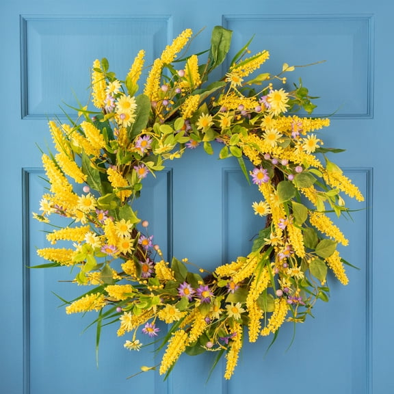 Northlight Decorative Polyester Daisy Floral Spring Garden Style Artificial Wreath, Yellow and Purple