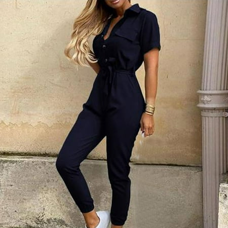 

Rewenti Women Fashion Solid Color Casual Lapel Belt Short Sleeve Overalls Navy 10(XL)