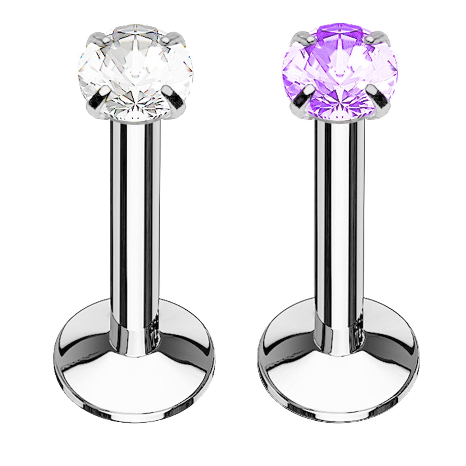 2pcs16G Stainless Steel Cubic Zirconia Bar Labret Lip Tongue Rings Piercing Stud