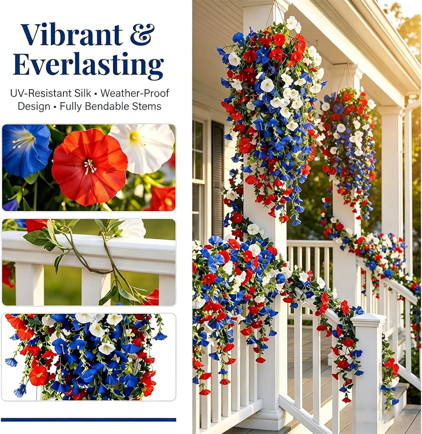 4th of July Decoration Tricolor Patriotic Artificial Flower, Fake Flowers Vine Decor for Patriotic Porch Outdoor