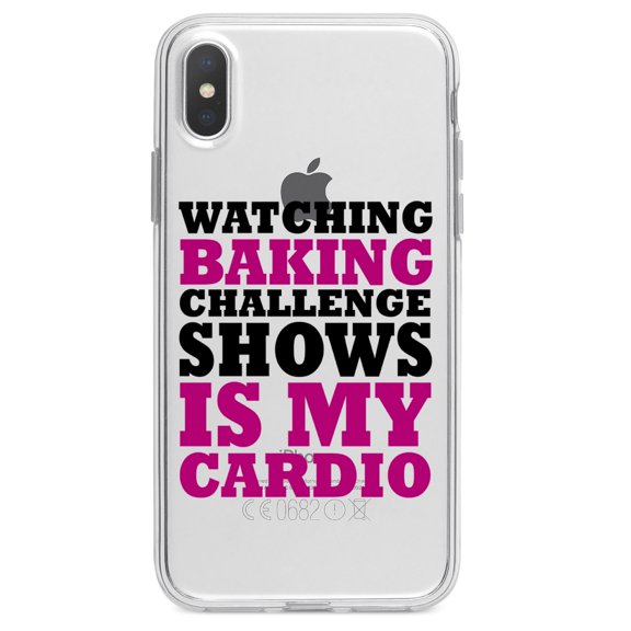 DistinctInk Clear Shockproof Hybrid Case for iPhone XR (6.1" Screen) - TPU Bumper Acrylic Back Tempered Glass Screen Protector - Watching Baking Shows is My Cardio