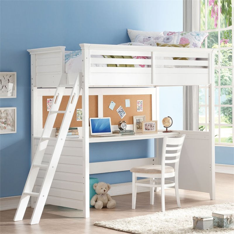 Twin Bed Loft Wood Kids Bunk Furniture Bedroom Ladder Desk Over White 