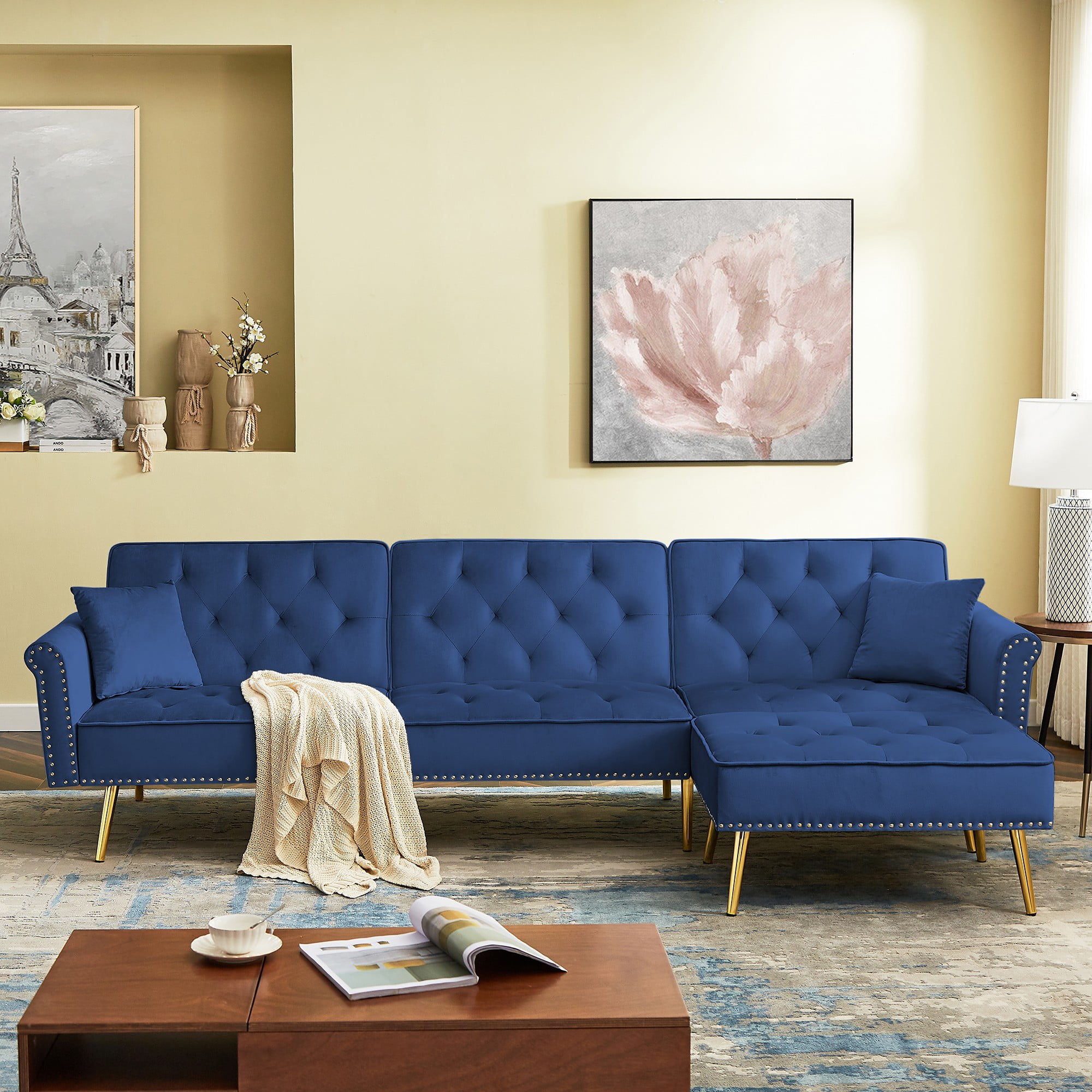Velvet Reversible Sectional Sofa with Movable Ottoman and Nailhead